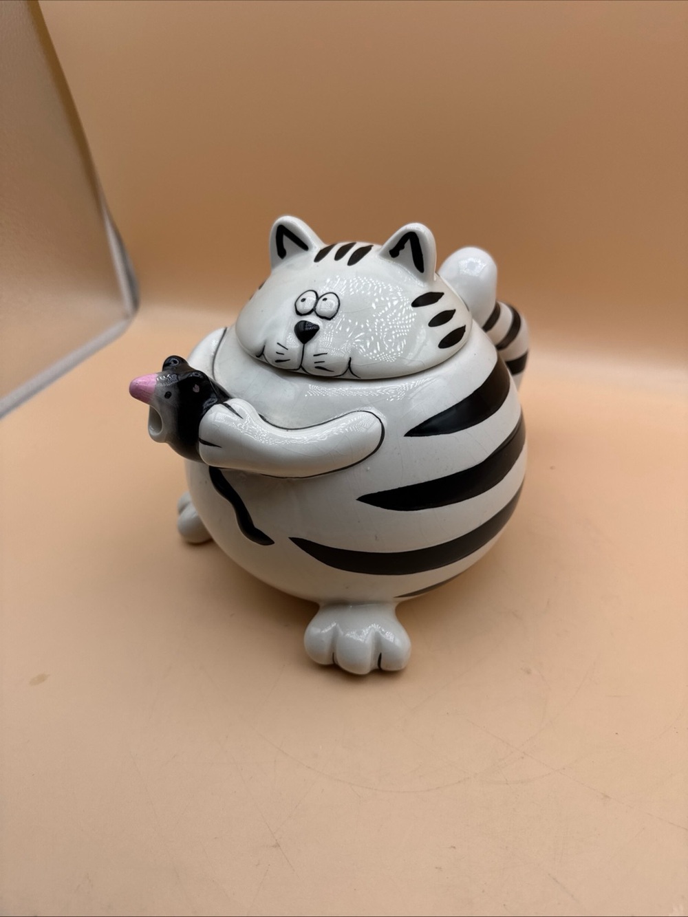 Pier 1 White and Black Striped Cat Toy Figurine with Pink Accent
